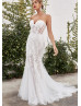 Strapless Ivory Lace Tulle Wedding Dress With Detachable Feather Cape